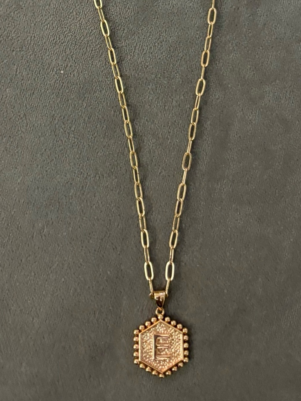 Heart and Initial “E” Reversible  Hexagon Pendant Paperclip Chain Necklace